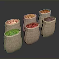 Several Burlap Sacks Filled with Assorted Colored Food Grains on Dark Reflective Surface