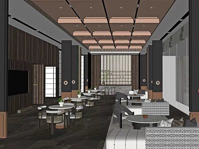 Modern Sales Office Interior With Reception Area Wooden Walls And Tables Chairs 3d model