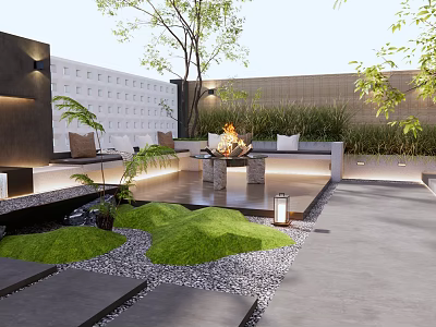 Modern Courtyard Garden With Fire Pit Benches Green Plants And Gravel Pathway 3d model