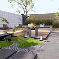 Modern Courtyard Garden With Fire Pit Benches Green Plants And Gravel Pathway