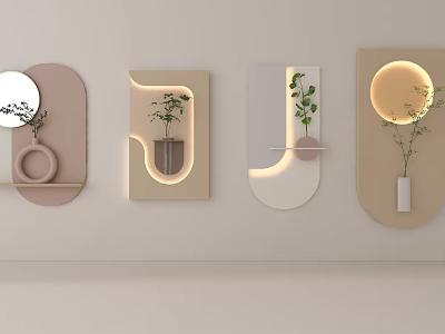 Modern Wall Hangings In Various Shapes With Green Plants And Soft Lighting 3d model