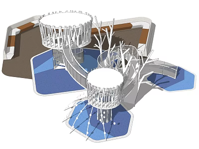 Innovative Playground Equipment Featuring Tree Branch Towers Two Circular Structures And Blue Platforms 3d model
