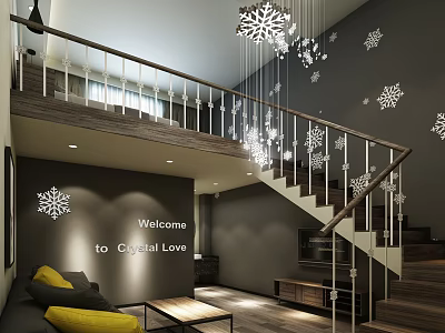 Apartment Interior With Staircase Snowflake Decorations Chandelier And Cozy Living Area 3d model
