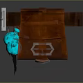 Brown Leather Bag With Silver Buckle Feather Decorations And Blue Bottles