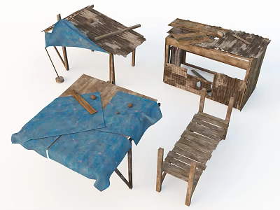 Ramshackle Wooden Structures With Handmade Bed Chair And Blue Cloth 3d model