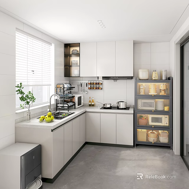 Modern Kitchen Interior Design With White Cabinets Window Blinds And Storage Shelves 3d model 