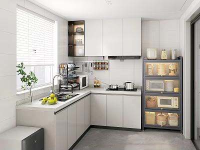 Modern Kitchen Interior Design With White Cabinets Window Blinds And Storage Shelves 3d model