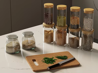 Kitchen Tableware Set with Glass Storage Jars Wooden Cutting Board Knife and Fresh Herbs 3d model