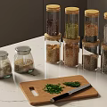 Kitchen Tableware Set with Glass Storage Jars Wooden Cutting Board Knife and Fresh Herbs