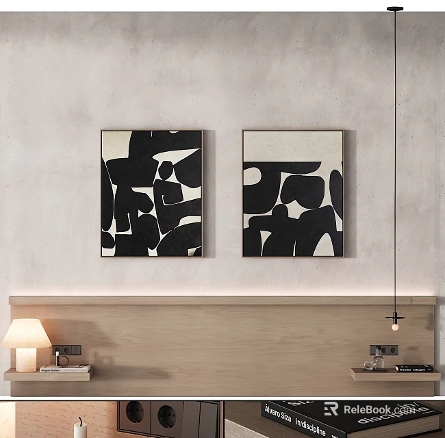 Two Abstract Art Paintings Adorn Bedroom Wall Above Wooden Headboard 3d model 