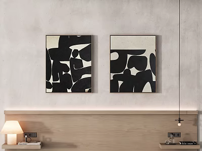 Two Abstract Art Paintings Adorn Bedroom Wall Above Wooden Headboard 3d model