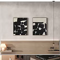 Two Abstract Art Paintings Adorn Bedroom Wall Above Wooden Headboard