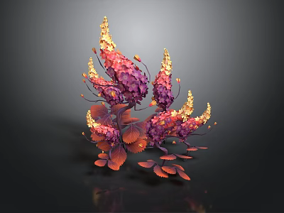 Vibrant Purple And Orange Plant With Golden Stamens And Branching Leaves On Dark Background 3d model
