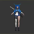 3D Female Character With Blue Hair Wings White Top Blue Skirt Weapon And Boots