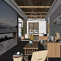 Hotel Public Lounge Area With Wooden Ceiling Circular Chandelier Sofas Coffee Table And Decorative Paintings