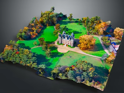 Castle Architecture Surrounded By Green Lawns Autumn Trees And Garden Pathways 3d model