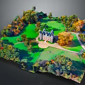 Castle Architecture Surrounded By Green Lawns Autumn Trees And Garden Pathways