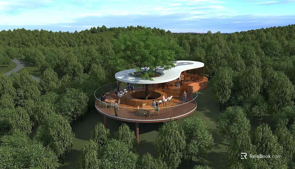 Beautiful Lush Forest Scenery With Unique Elevated Tree Top Leisure Pavilion Under Bright Blue Sky 3d model 