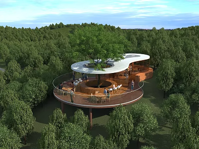Beautiful Lush Forest Scenery With Unique Elevated Tree Top Leisure Pavilion Under Bright Blue Sky 3d model