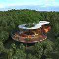 Beautiful Lush Forest Scenery With Unique Elevated Tree Top Leisure Pavilion Under Bright Blue Sky
