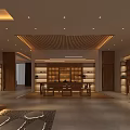 Traditional Teahouse Featuring Marble Front Desk Landscape Painting Backdrop Japanese Shoji Doors And Wooden Bookshelf
