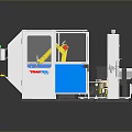 Industrial Automated Equipment With Yellow Robotic Arms Blue Panels And Control Panel