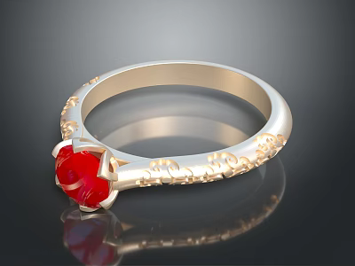 Exquisite Gold Ring With Red Gemstone And Intricate Carved Patterns 3d model