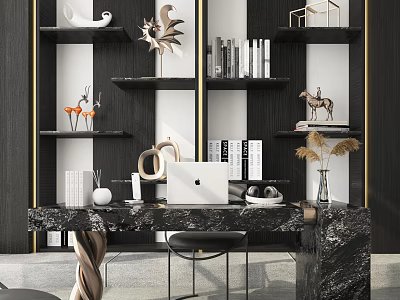 Modern Home Office Desk with Marble Top Black Shelves Laptop and Decorations 3d model