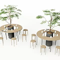 Minimalist Indoor Space With Round Table And Stool Sets Accompanied By Potted Trees 3d model