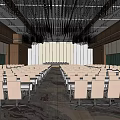 Modern Conference Room With Neatly Arranged Chairs Long Tables Chandeliers Wooden Walls And Green Curtains