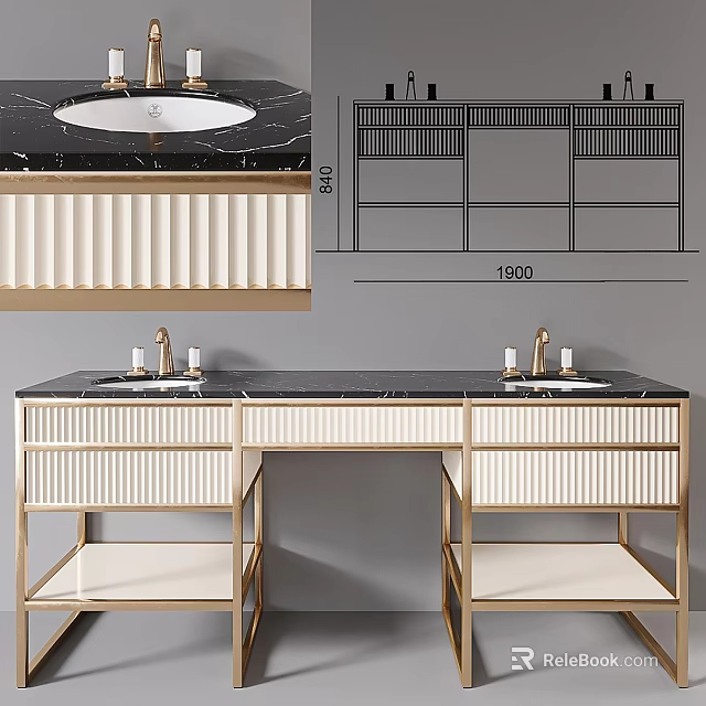 Modern Bathroom Vanity With Double Sink Black Marble Countertop White Vertical Striped Cabinet Gold Frame 3d model 