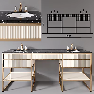 Modern Bathroom Vanity With Double Sink Black Marble Countertop White Vertical Striped Cabinet Gold Frame 3d model