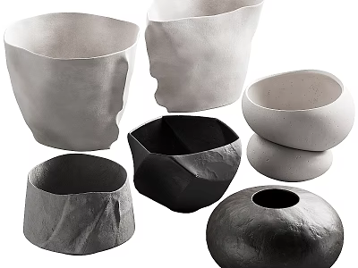 Modern Decorative Ceramic Vessels in Black and White with Various Shapes and Textured Surfaces 3d model