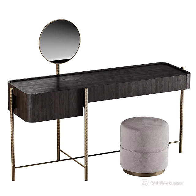 Dark Wooden Dressing Table with Metal Frame and Round Mirror with Beige Stool 3d model 