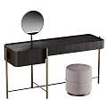 Dark Wooden Dressing Table with Metal Frame and Round Mirror with Beige Stool