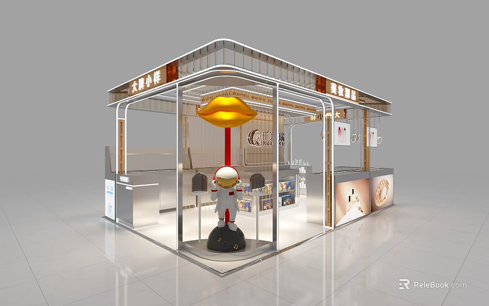 Modern Designed Specialty Store Featuring Transparent Glass Structure Golden Decorations Display Cabinets And Cartoon Model 3d model 