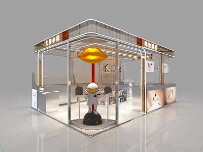 Modern Designed Specialty Store Featuring Transparent Glass Structure Golden Decorations Display Cabinets And Cartoon Model 3d model
