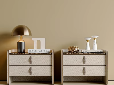 Modern Bedside Tables With Marble Top Drawers Gold Lamp Vases And Books 3d model