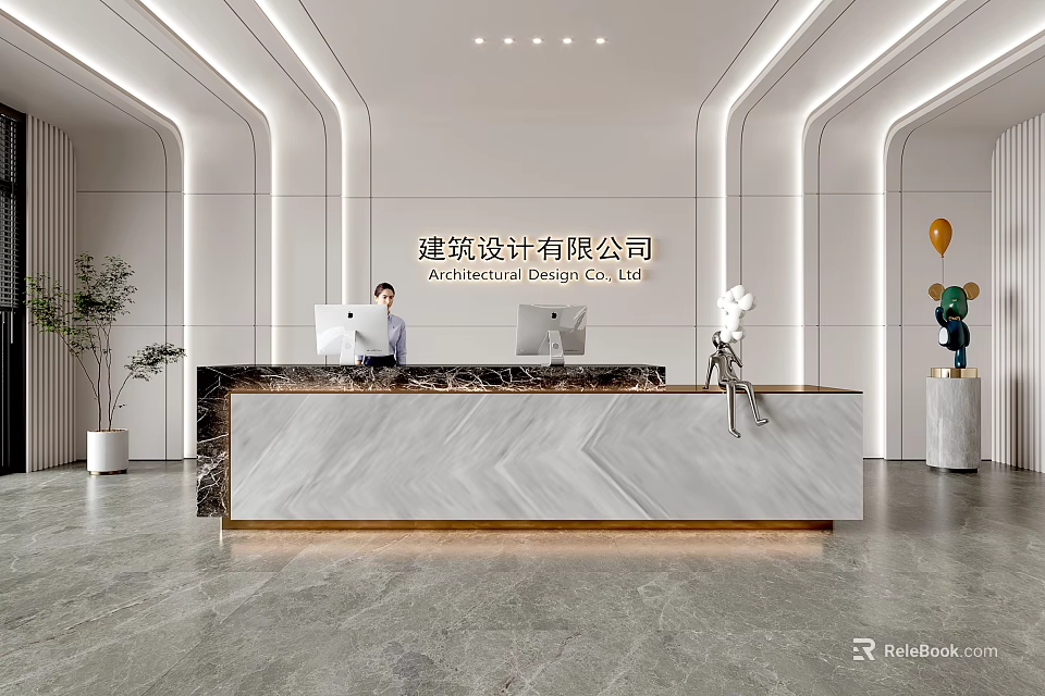 Modern Reception Desk Interior With Marble Countertop And Company Logo 3d model 