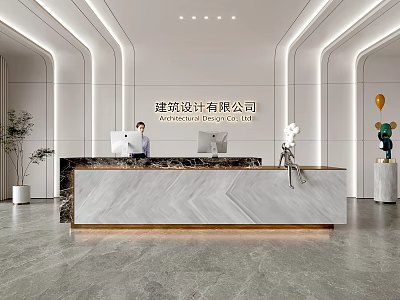 Modern Reception Desk Interior With Marble Countertop And Company Logo 3d model