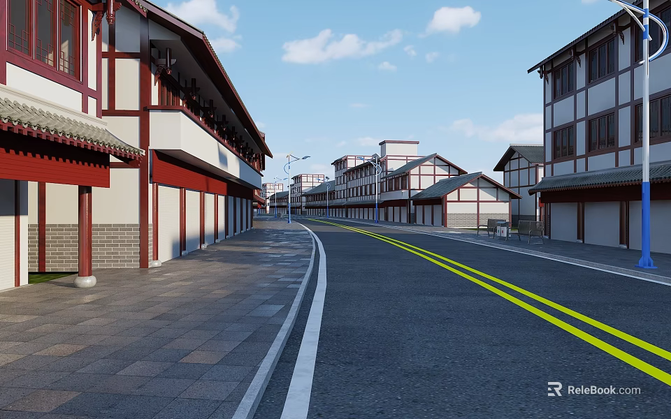 Traditional Commercial Street With Red White Buildings Pedestrian Walkway And Street Lamps 3d model 