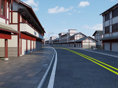 Traditional Commercial Street With Red White Buildings Pedestrian Walkway And Street Lamps 3d model