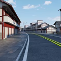 Traditional Commercial Street With Red White Buildings Pedestrian Walkway And Street Lamps