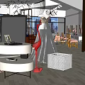 Elegant Bridal Shop with Wedding Dress Display Pink Balloons Flamingo Signboard White Counter And Chandeliers