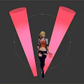 Blonde Female Character And Mythical Creature Standing On Glowing White Platform With Pink Light Beams Red Top Black Boots