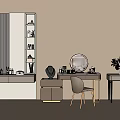 Minimalist Dressing Table Interior With Round Mirror And Gold Frame Chair Setup 3d model