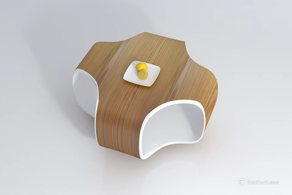 Modern Wooden Coffee Table with Unique Shape White Accents and Plate of Yellow Fruits 3d model 