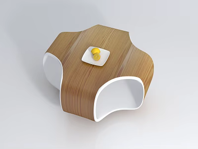 Modern Wooden Coffee Table with Unique Shape White Accents and Plate of Yellow Fruits 3d model