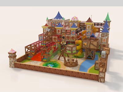 Colorful Castle Themed Playground Equipment with Slides Climbing Frames and Interactive Wooden Structures 3d model