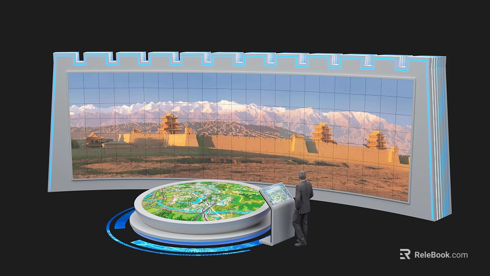 Circular Display Cabinet With Green Model Standing Person And Curved Screen Displaying Snowy Mountain Ancient Architecture 3d model 